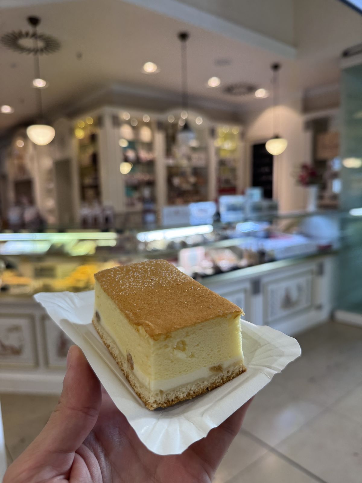 A slice of Dresdner Eierschecke held up in front of the Kreutzkamm counter.