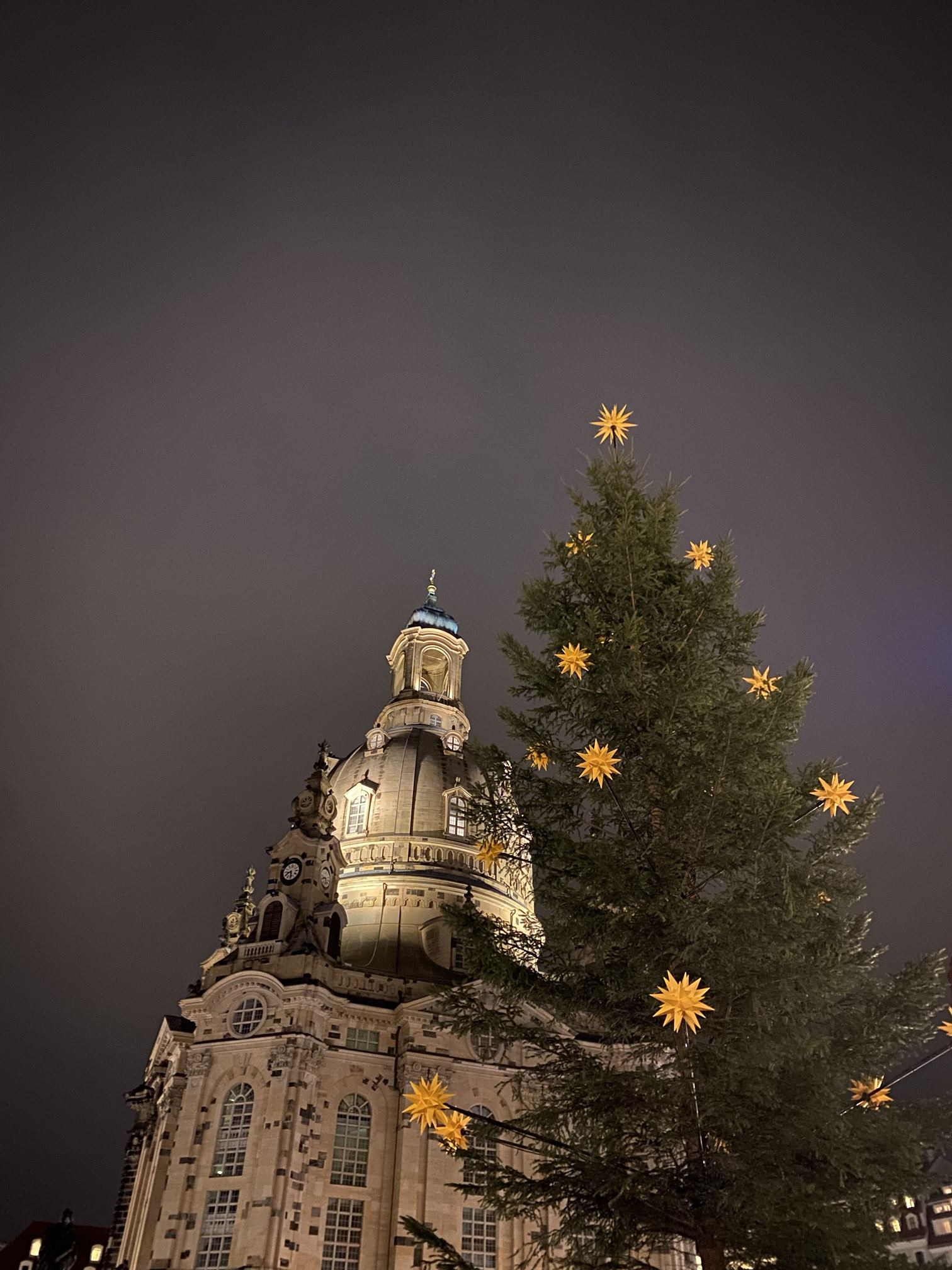 The Frauenkirche at night with a Christmas tree and Herrnhuter stars.