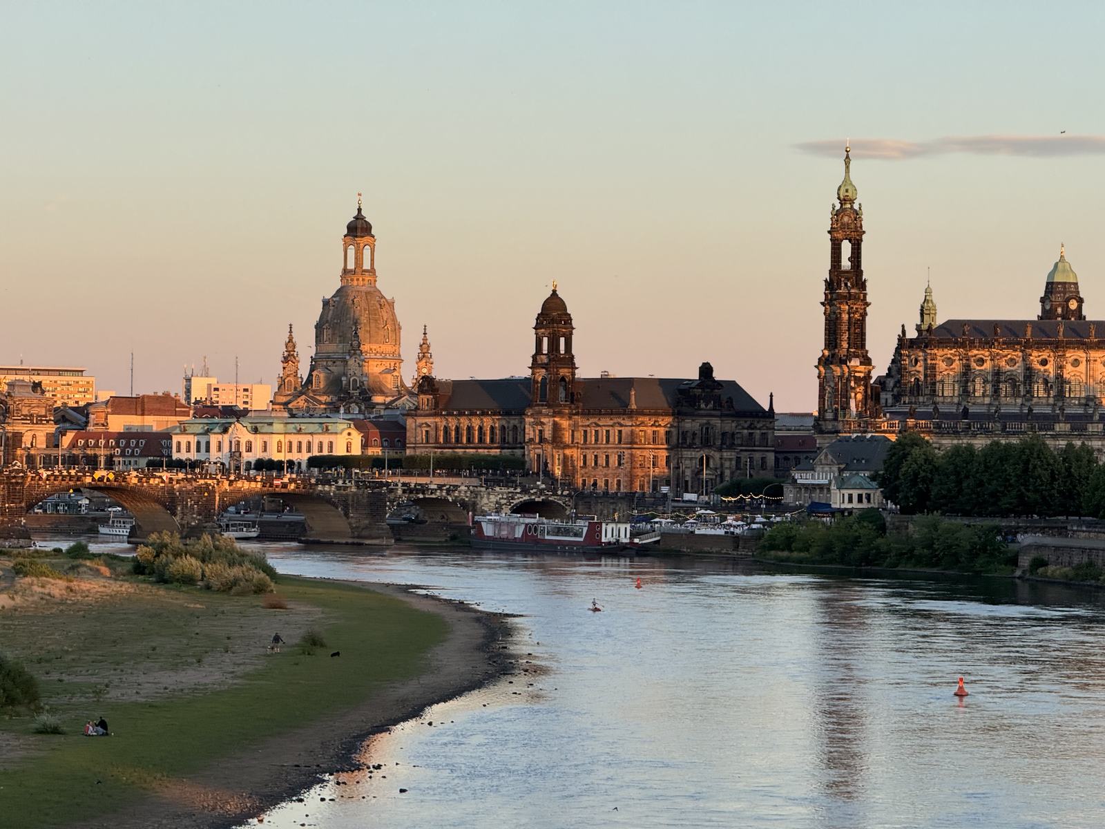 Dresden at sunset: the Frauenkirche and the Elbe.