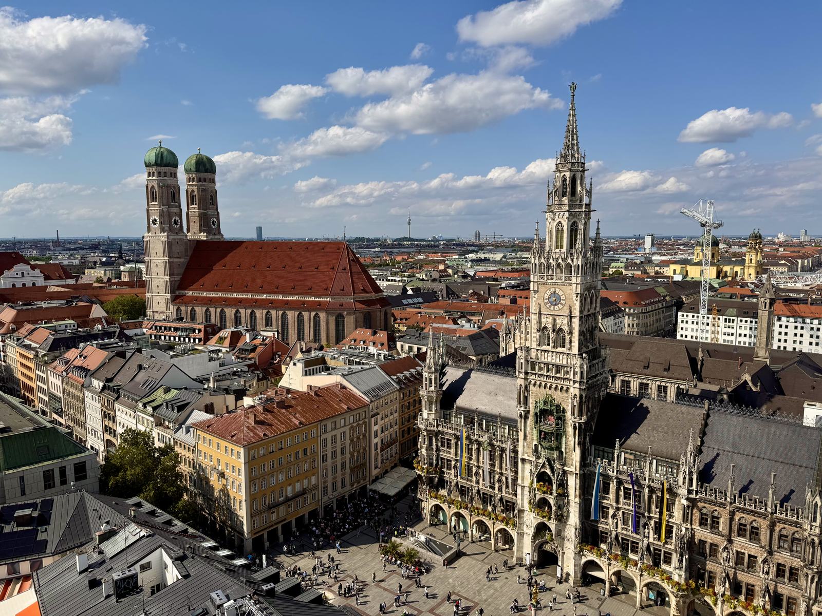 Munich old town seen from above: Frauenkirche, the new town hall and Marienplatz.